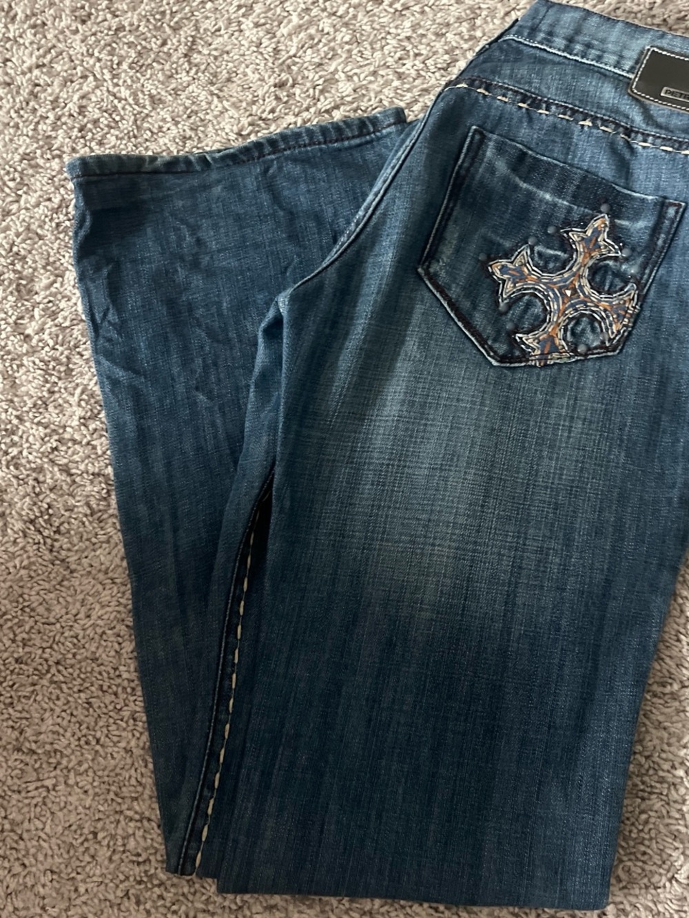 Y2K Petrol Dark Blue Women's Denim Jeans with Embroidered Back Pocket